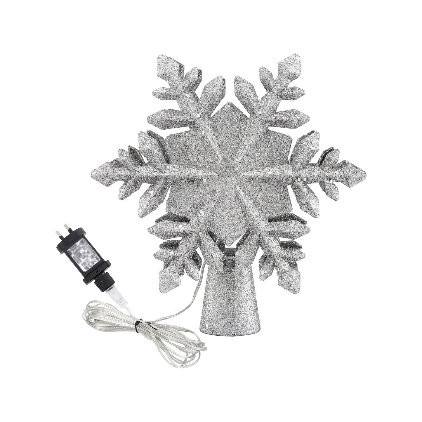 Christmas Tree Topper Lighted 360° Rotating Snowflake Projector Silver Glitter