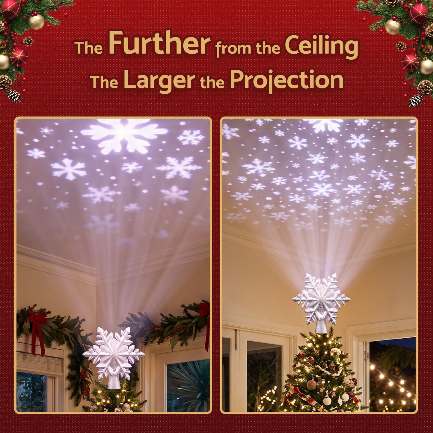 Christmas Tree Topper Lighted 360° Rotating Snowflake Projector Silver Glitter
