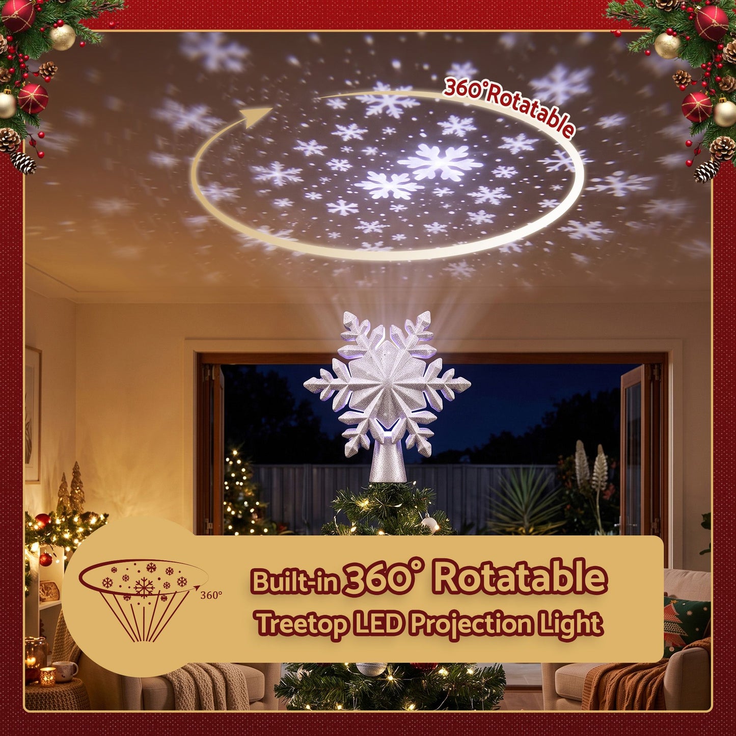 Christmas Tree Topper Lighted 360° Rotating Snowflake Projector Silver Glitter