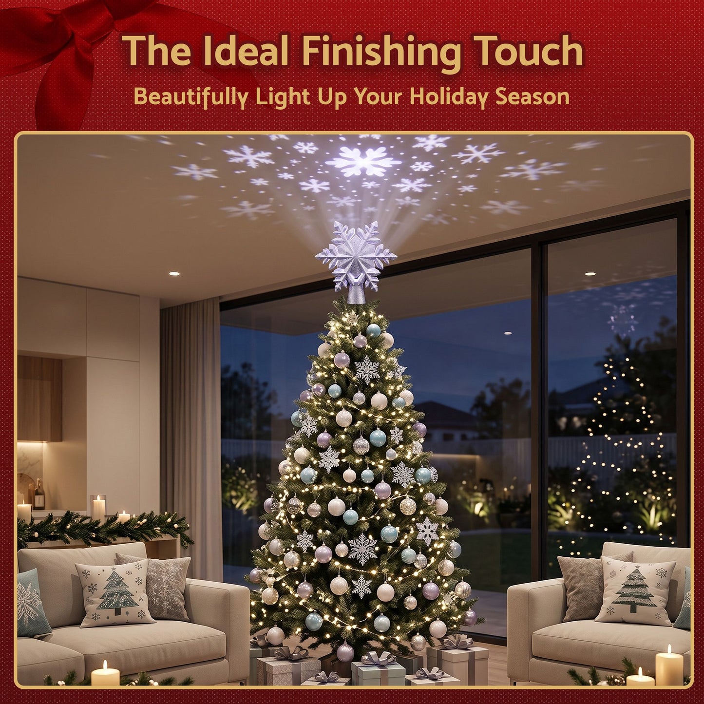 Christmas Tree Topper Lighted 360° Rotating Snowflake Projector Silver Glitter