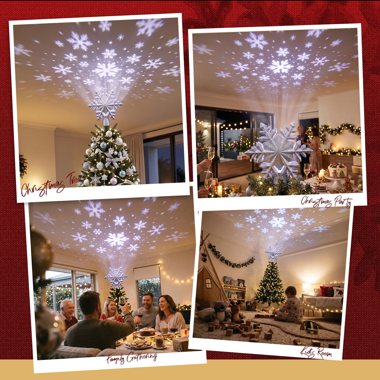 Christmas Tree Topper Lighted 360° Rotating Snowflake Projector Silver Glitter