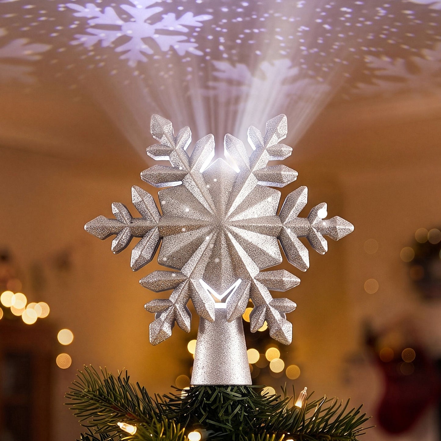 Christmas Tree Topper Lighted 360° Rotating Snowflake Projector Silver Glitter
