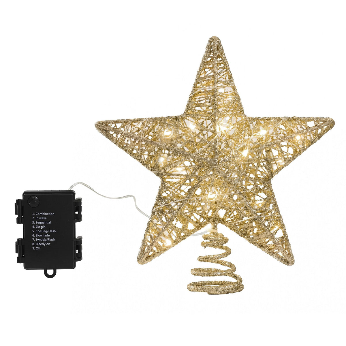 3D Christmas Tree Topper Star 20 Warm LED Lights Gold Glitter