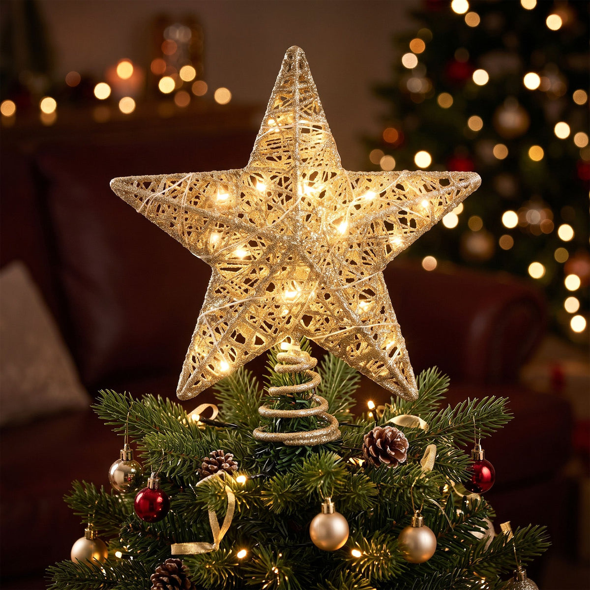 3D Christmas Tree Topper Star 20 Warm LED Lights Gold Glitter