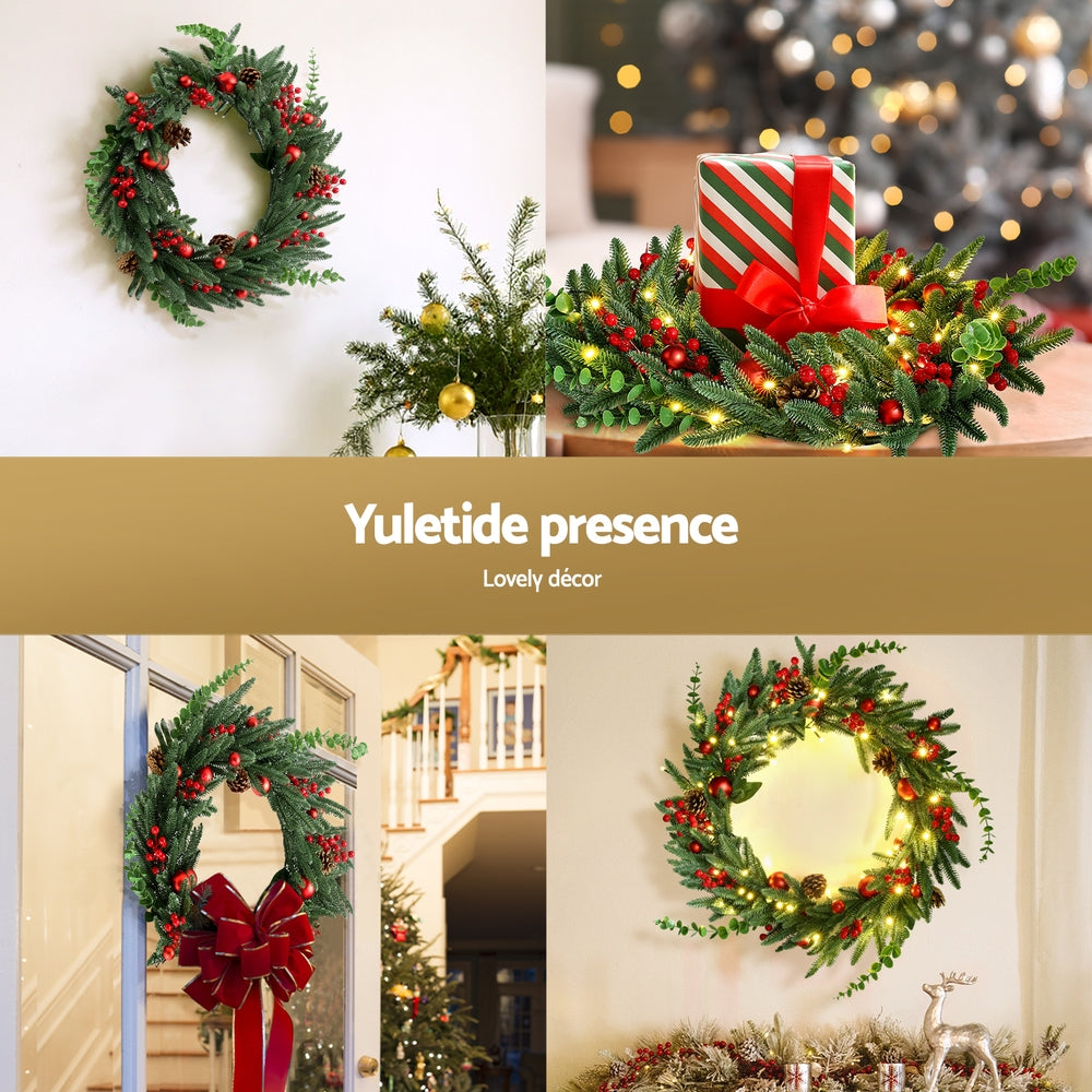 Christmas Wreath 60CM LED Garland Berries Pine Cones Party Decor