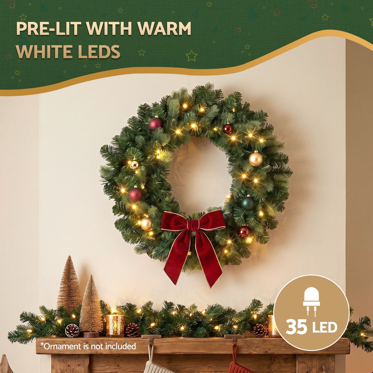 60cm Pre-Lit Christmas Wreath GarlandsWarm White LED Light Door Wreaths Battery Timer