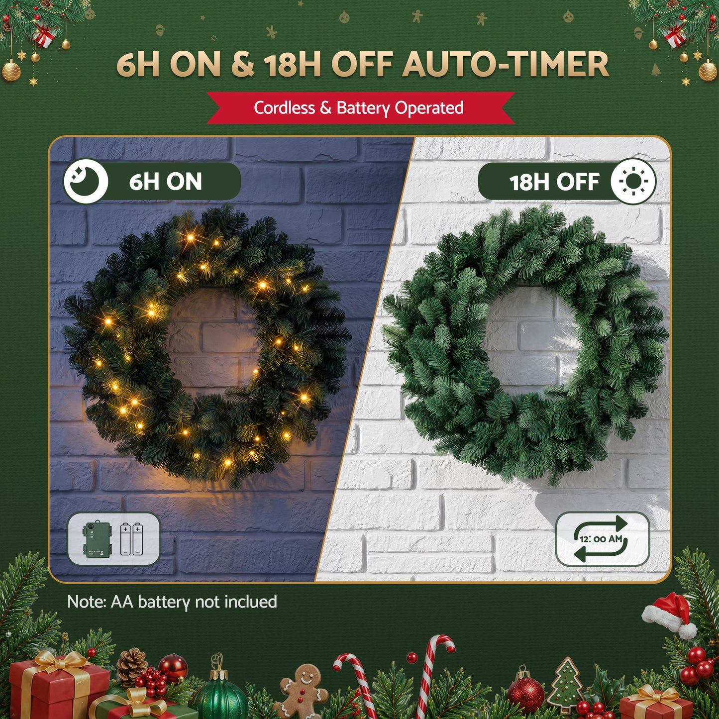 60cm Pre-Lit Christmas Wreath GarlandsWarm White LED Light Door Wreaths Battery Timer