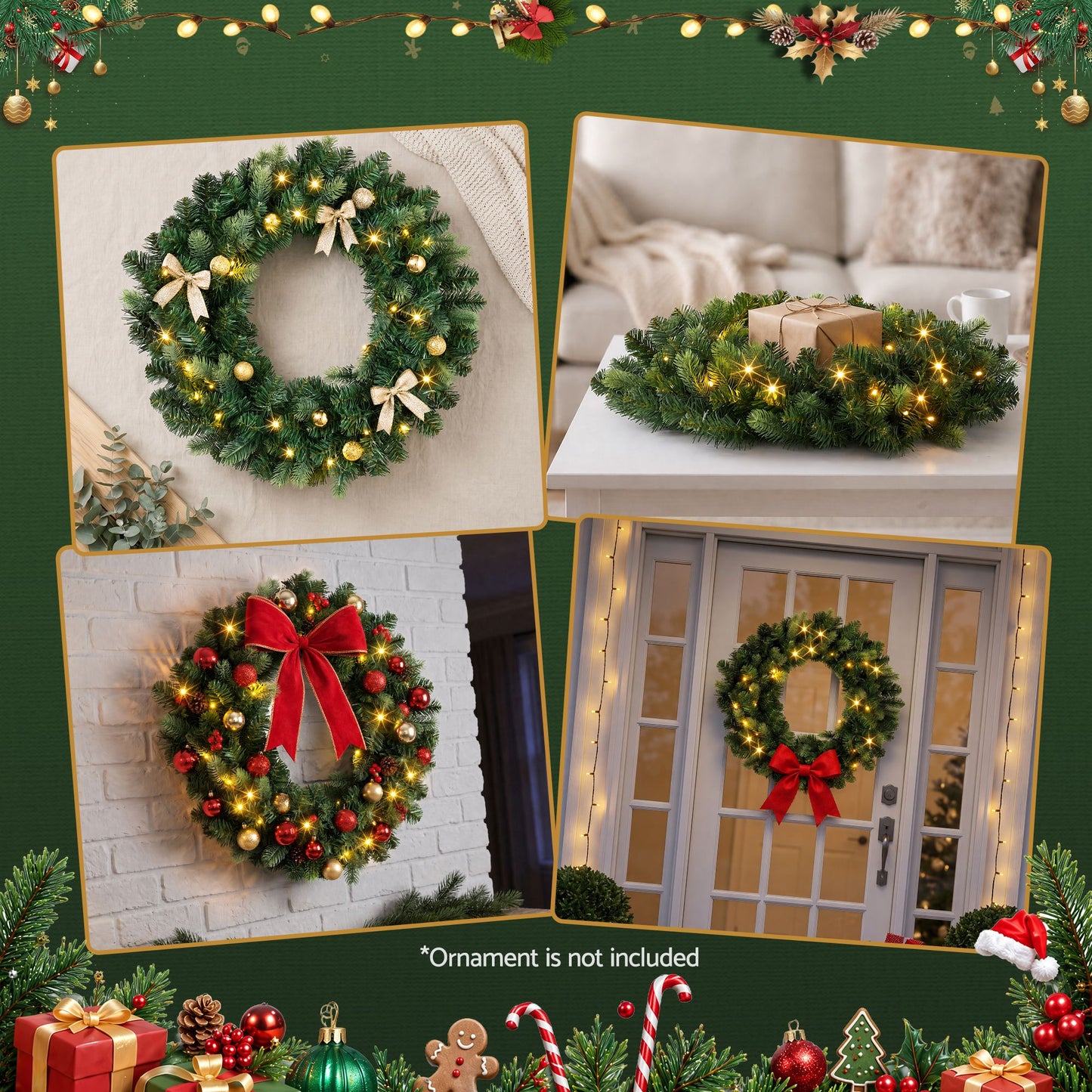 60cm Pre-Lit Christmas Wreath GarlandsWarm White LED Light Door Wreaths Battery Timer