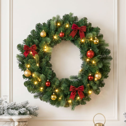 60cm Pre-Lit Christmas Wreath GarlandsWarm White LED Light Door Wreaths Battery Timer