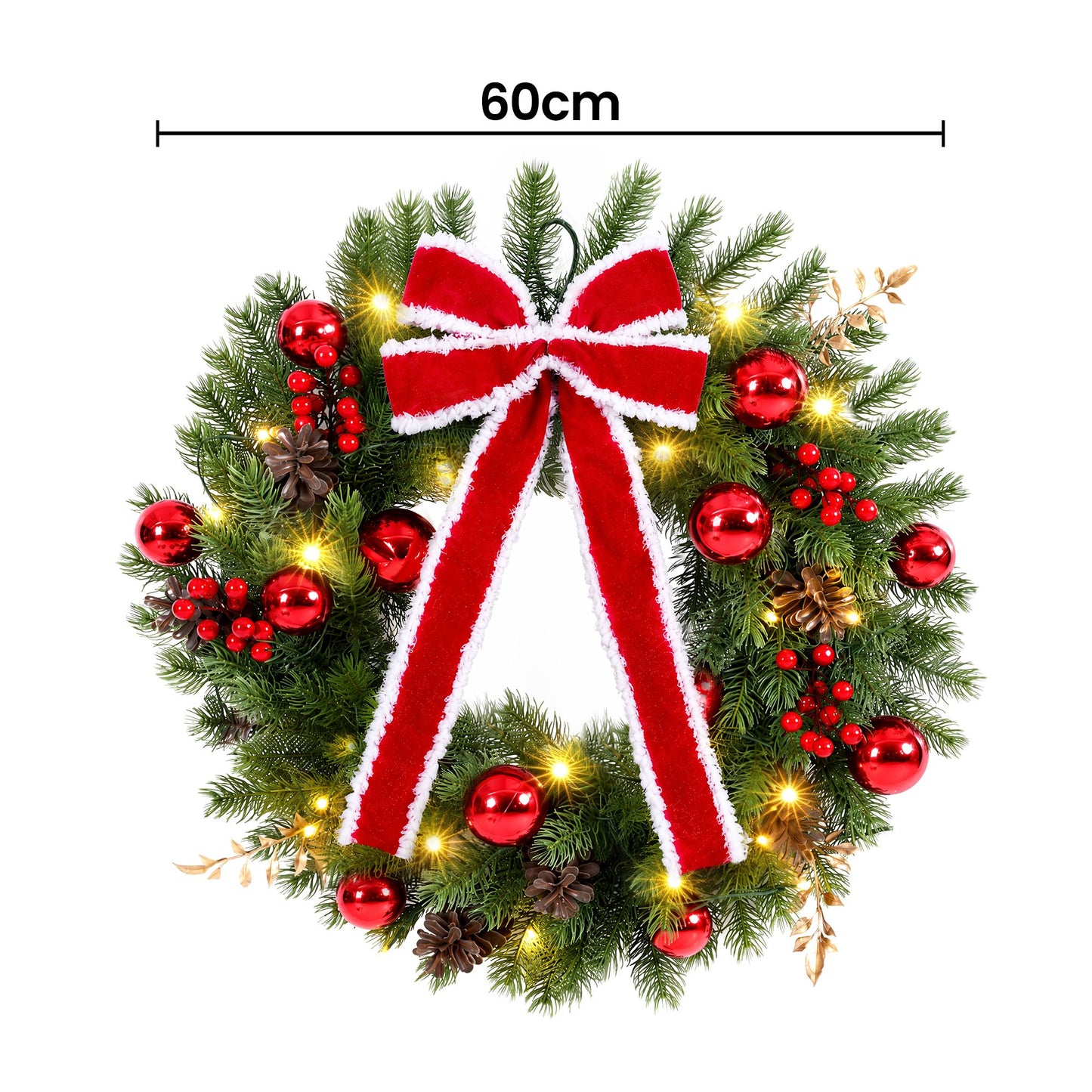 60cm Pre-lit Christmas Wreath Garlands LED Light Front Door Decor Bow