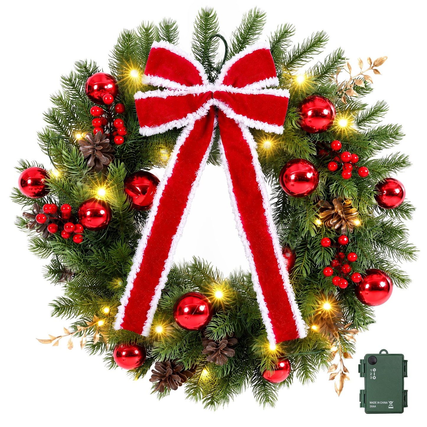 60cm Pre-lit Christmas Wreath Garlands LED Light Front Door Decor Bow