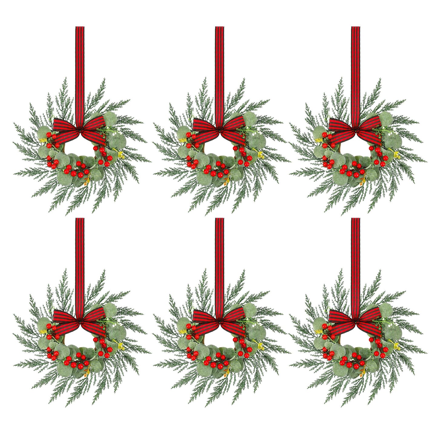 Set of 6 Christmas Wreath Garland 26cm Pre-lit Wreaths Red Berries Bow