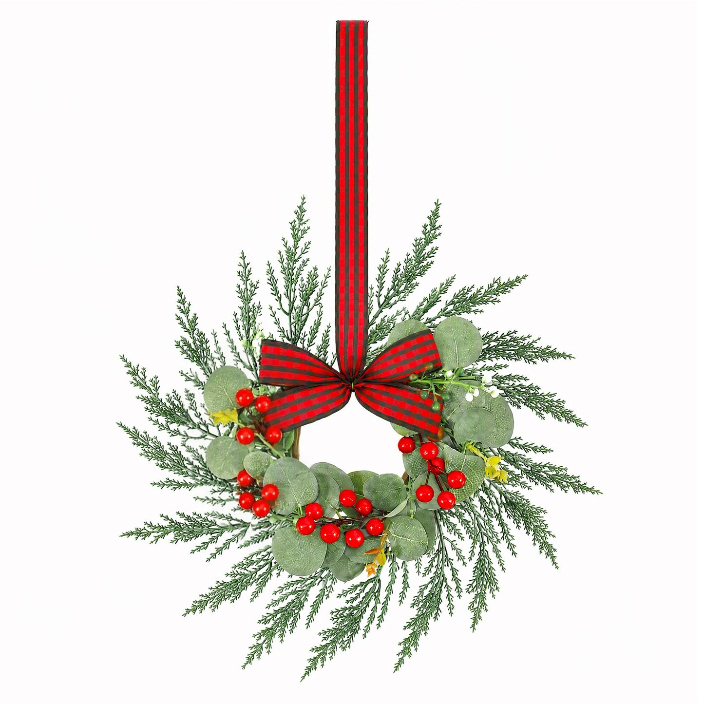 Set of 6 Christmas Wreath Garland 26cm Pre-lit Wreaths Red Berries Bow