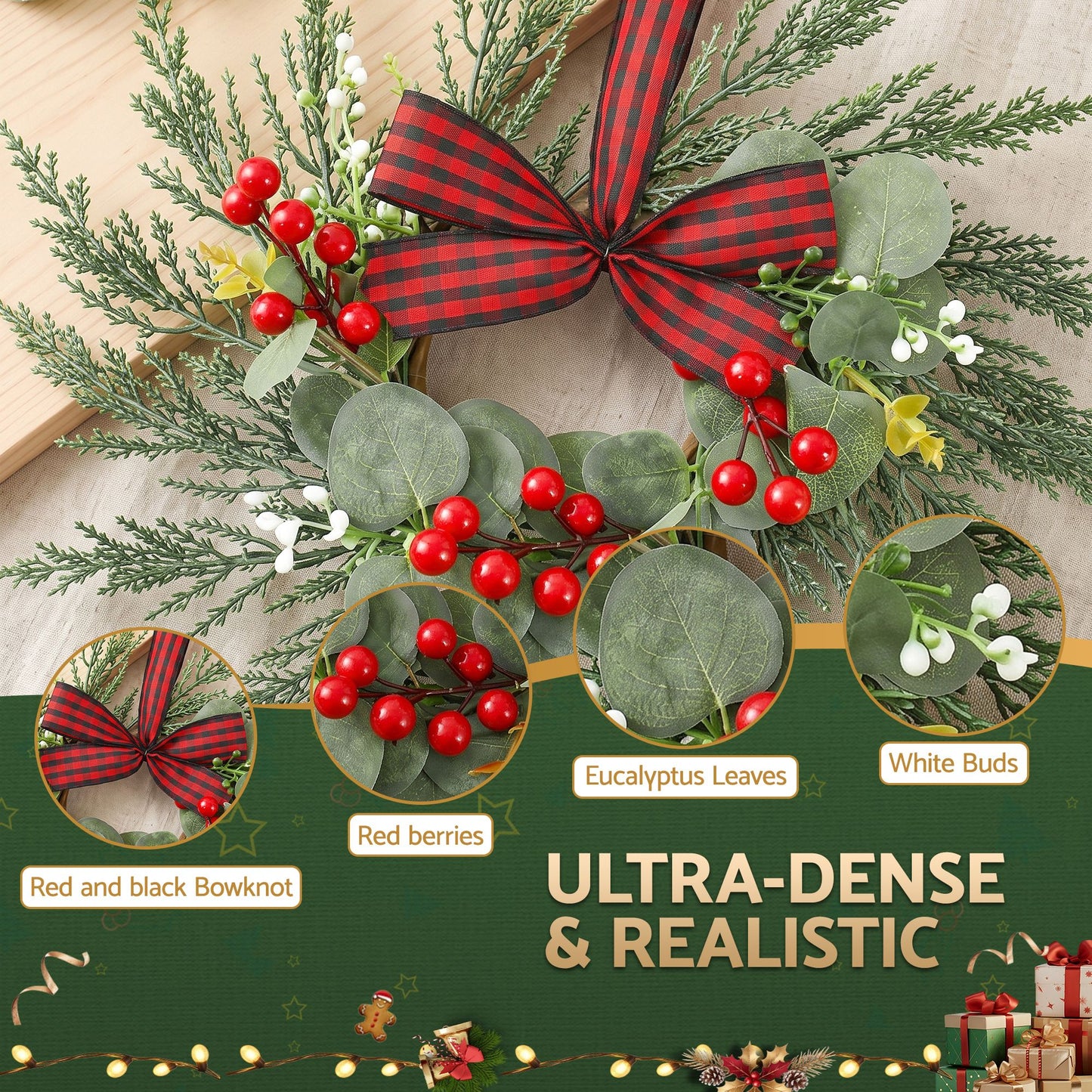 Set of 6 Christmas Wreath Garland 26cm Pre-lit Wreaths Red Berries Bow