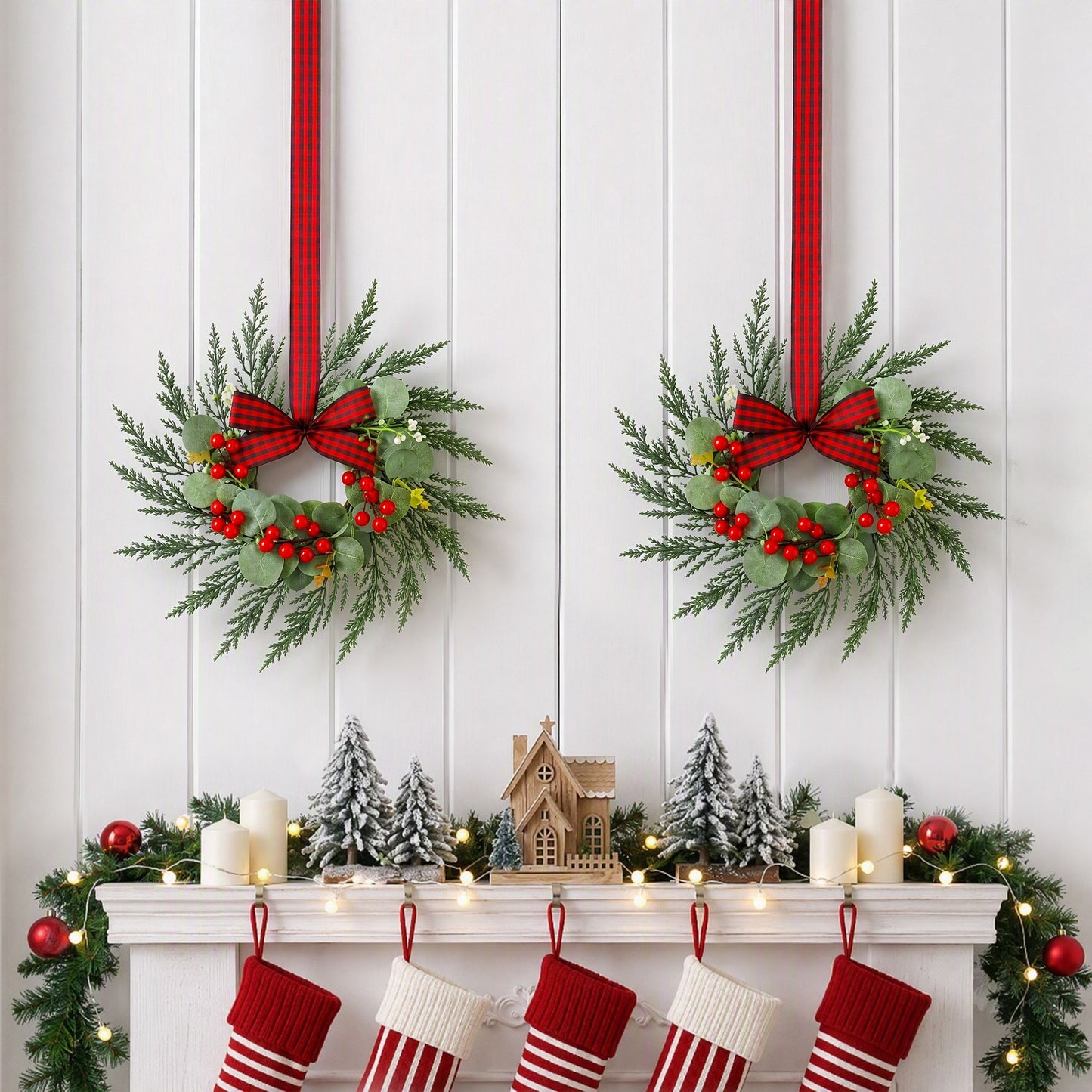 Set of 6 Christmas Wreath Garland 26cm Pre-lit Wreaths Red Berries Bow