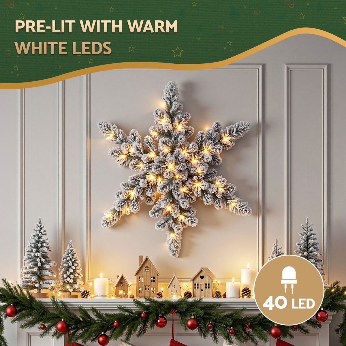 60cm Flocked Snowflake Christmas Wreath Garland Pre-Lit 40 LED Light Decor
