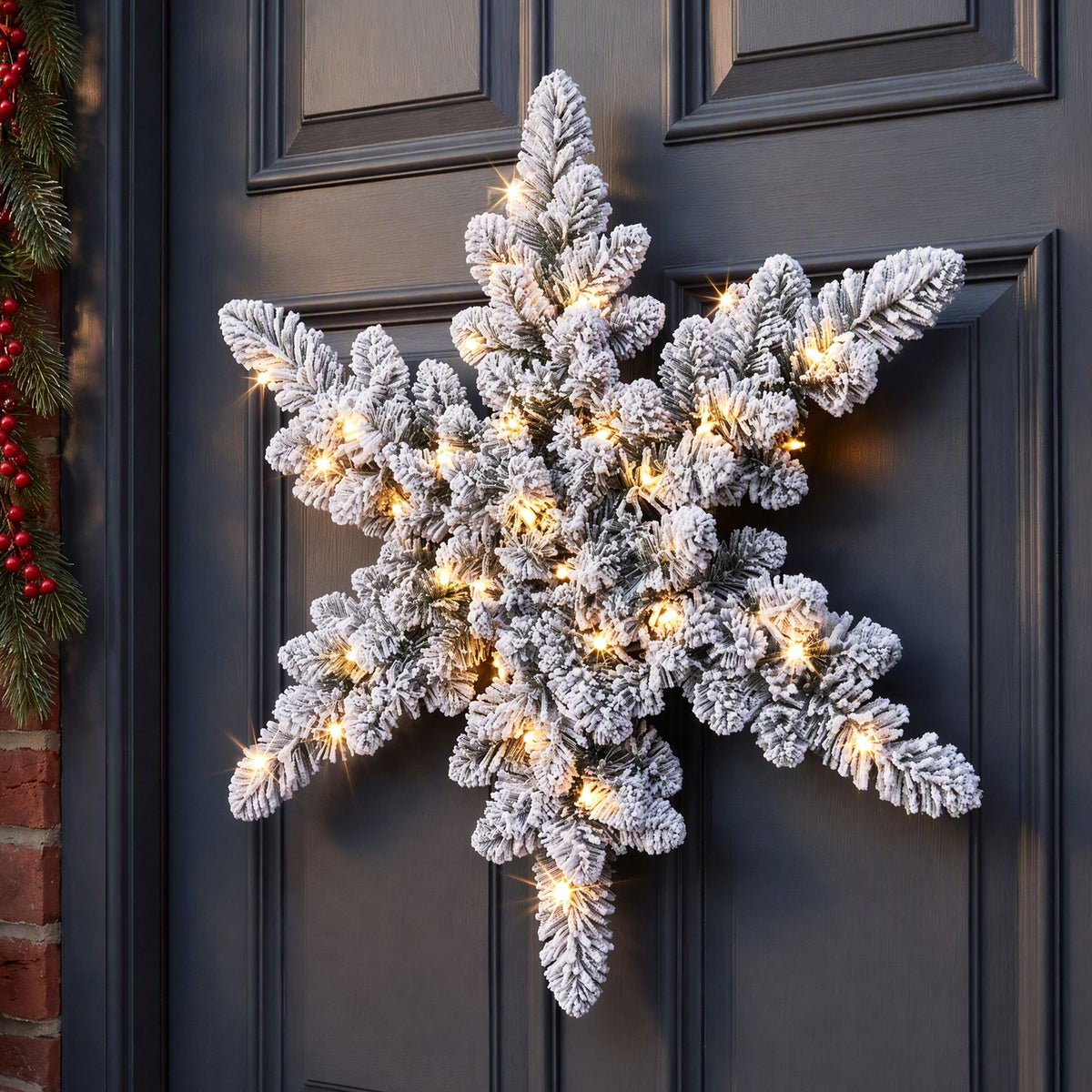 60cm Flocked Snowflake Christmas Wreath Garland Pre-Lit 40 LED Light Decor