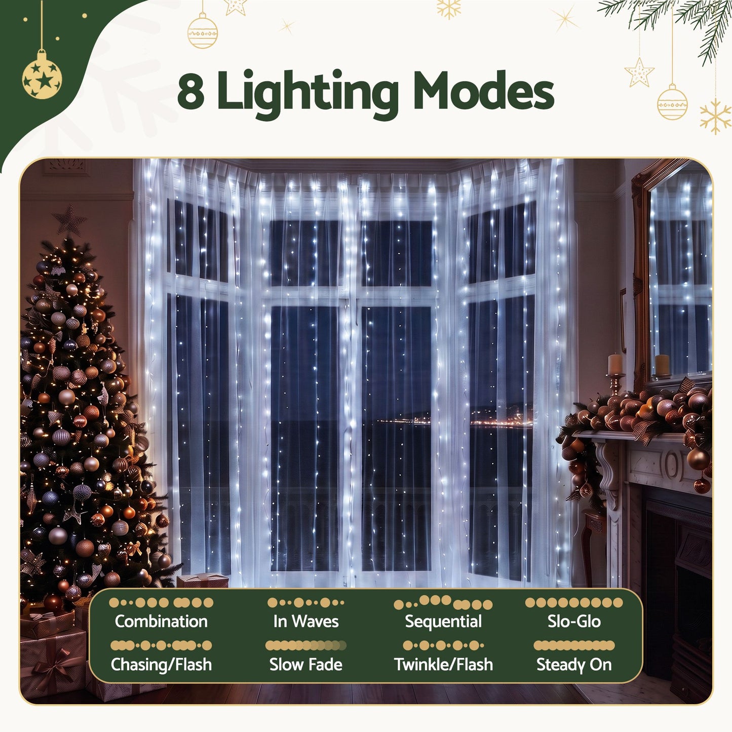 3x3M Christmas Lights Curtain String Light 300 LED Cool White