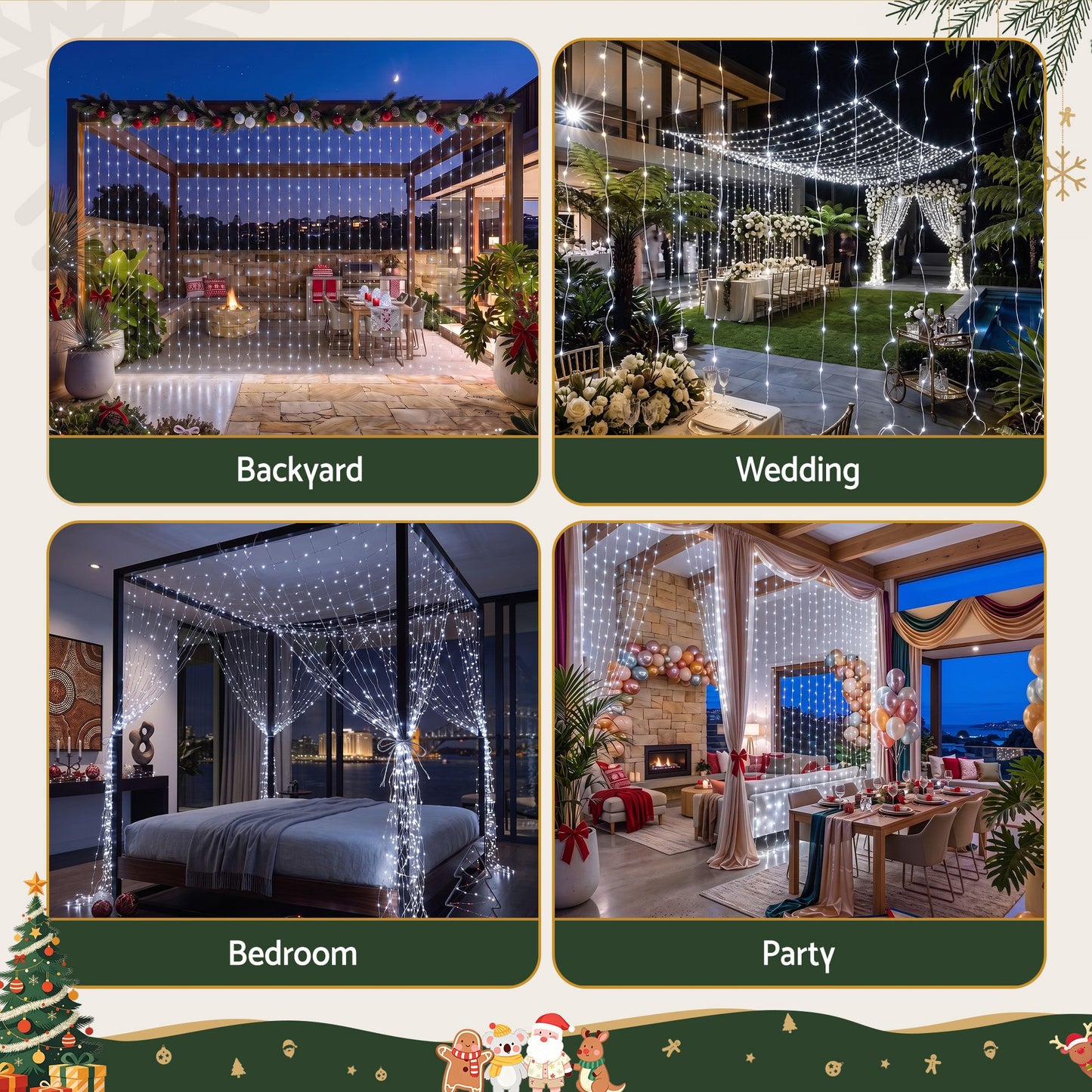 3x3M Christmas Lights Curtain String Light 300 LED Cool White