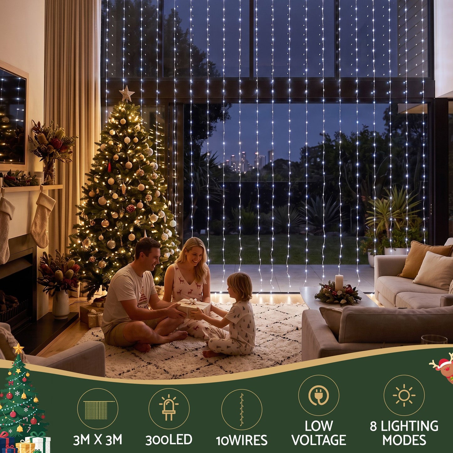 3x3M Christmas Lights Curtain String Light 300 LED Cool White
