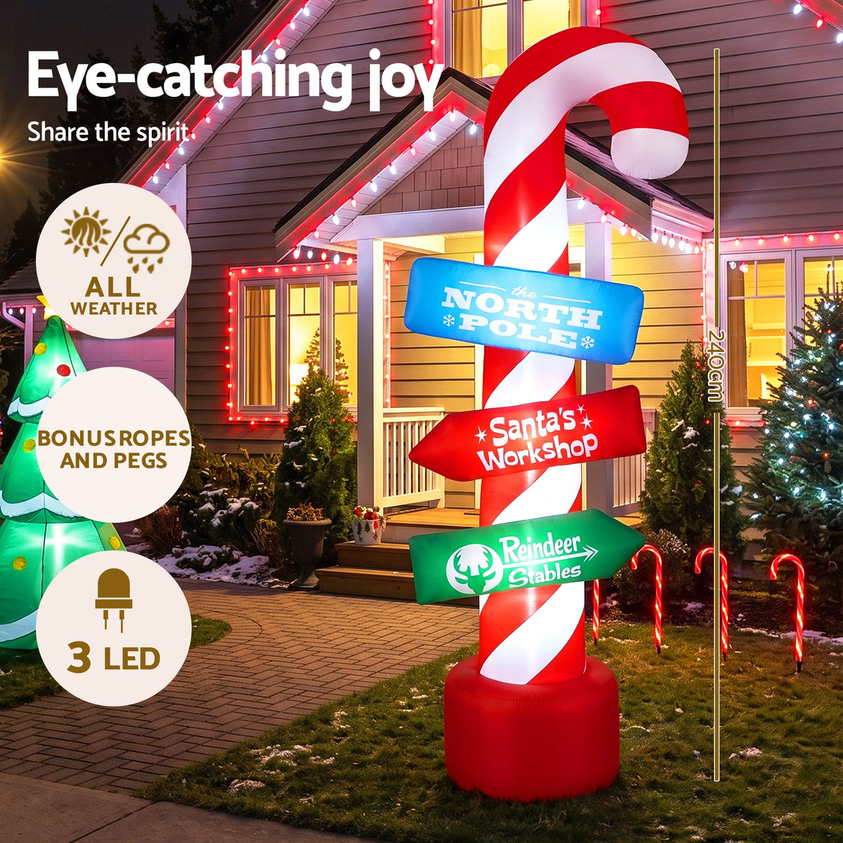 Candy Pole Christmas Inflatable Illuminated Xmas Decorations - 2.4M