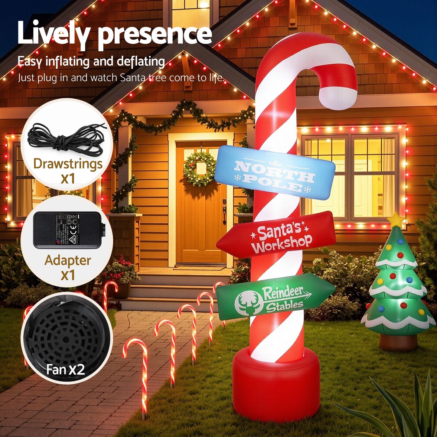 Candy Pole Christmas Inflatable Illuminated Xmas Decorations - 2.4M