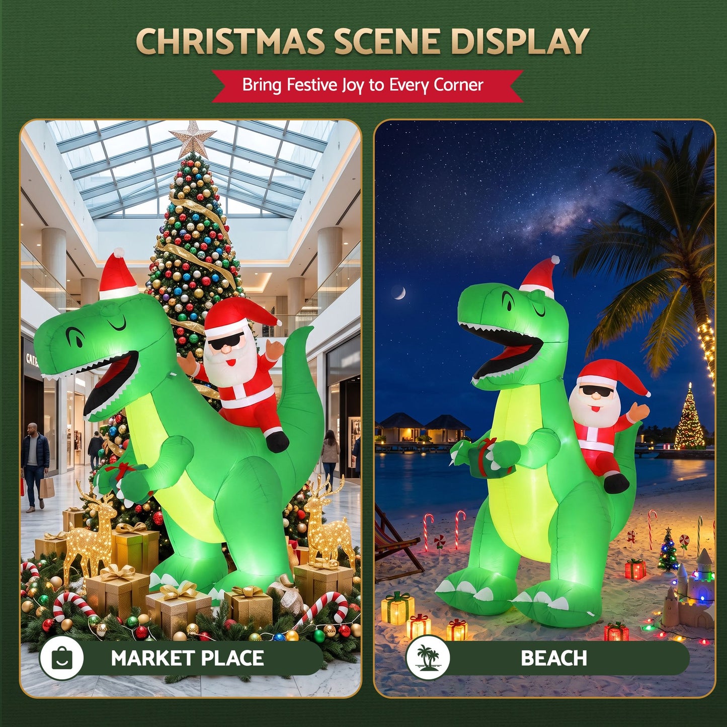 Dinosaur Christmas Inflatable Illuminated Decorations - 2.5M