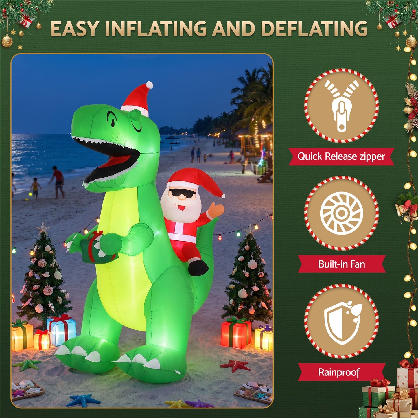Dinosaur Christmas Inflatable Illuminated Decorations - 2.5M