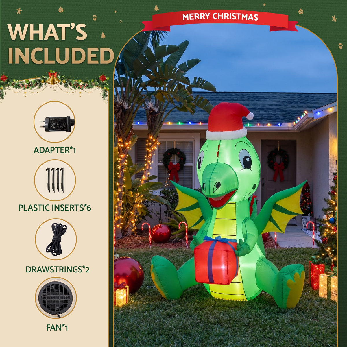 Dragon Christmas Inflatable Height LED Outdoor Decorations Illuminated - 1.8M