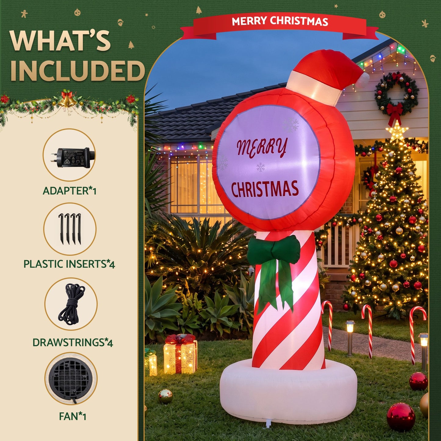 Pole Christmas Inflatable Height LED Outdoor Decorations Illuminated - 1.8M