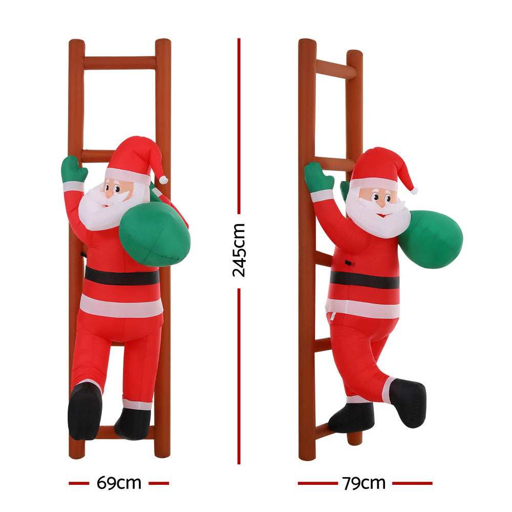 Santa Climbing Ladder Christmas Inflatable Height LED Decorations Illuminated - 2.45M