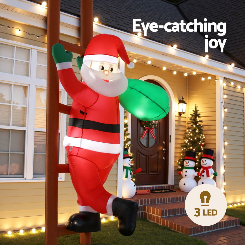 Santa Climbing Ladder Christmas Inflatable Height LED Decorations Illuminated - 2.45M