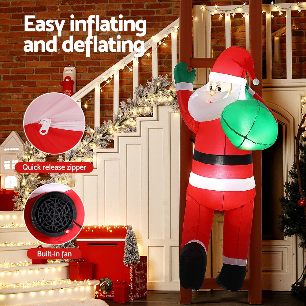 Santa Climbing Ladder Christmas Inflatable Height LED Decorations Illuminated - 2.45M