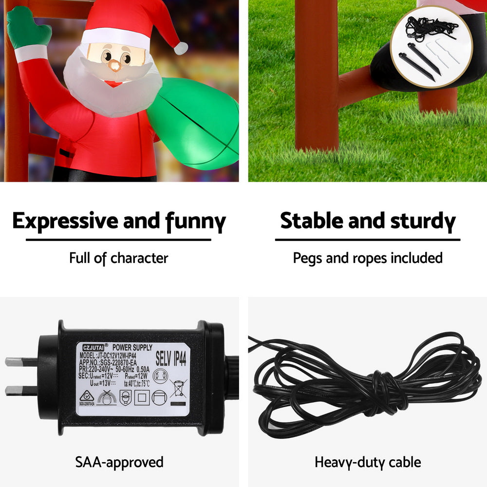 Santa Climbing Ladder Christmas Inflatable Height LED Decorations Illuminated - 2.45M