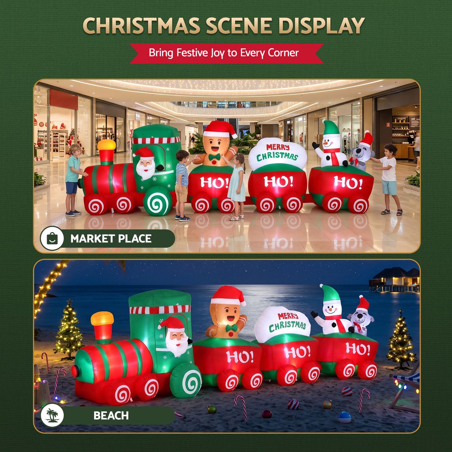 Santa Train Christmas Inflatable Length LED Decorations Illuminated - 3.6M