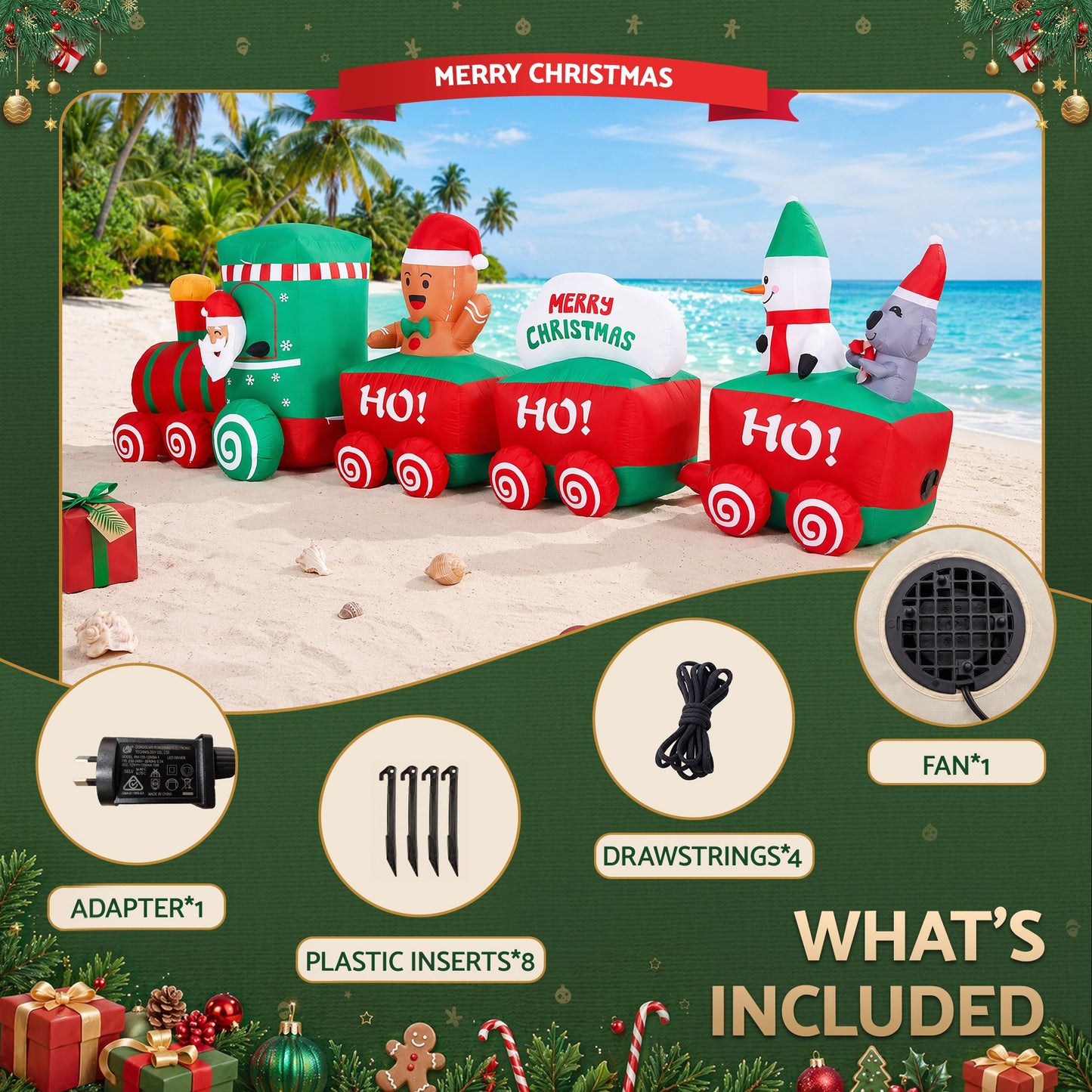 Santa Train Christmas Inflatable Length LED Decorations Illuminated - 3.6M