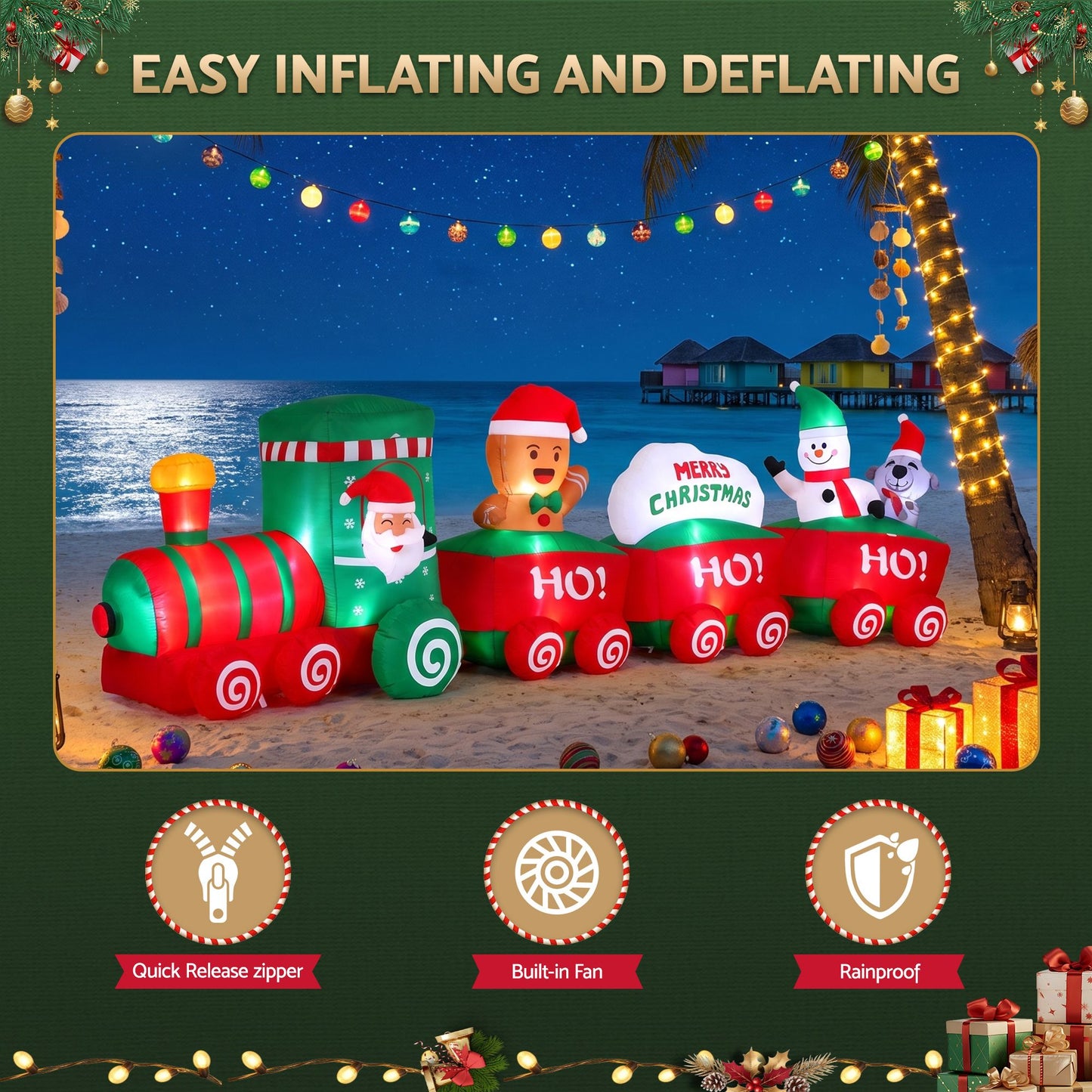 Santa Train Christmas Inflatable Length LED Decorations Illuminated - 3.6M