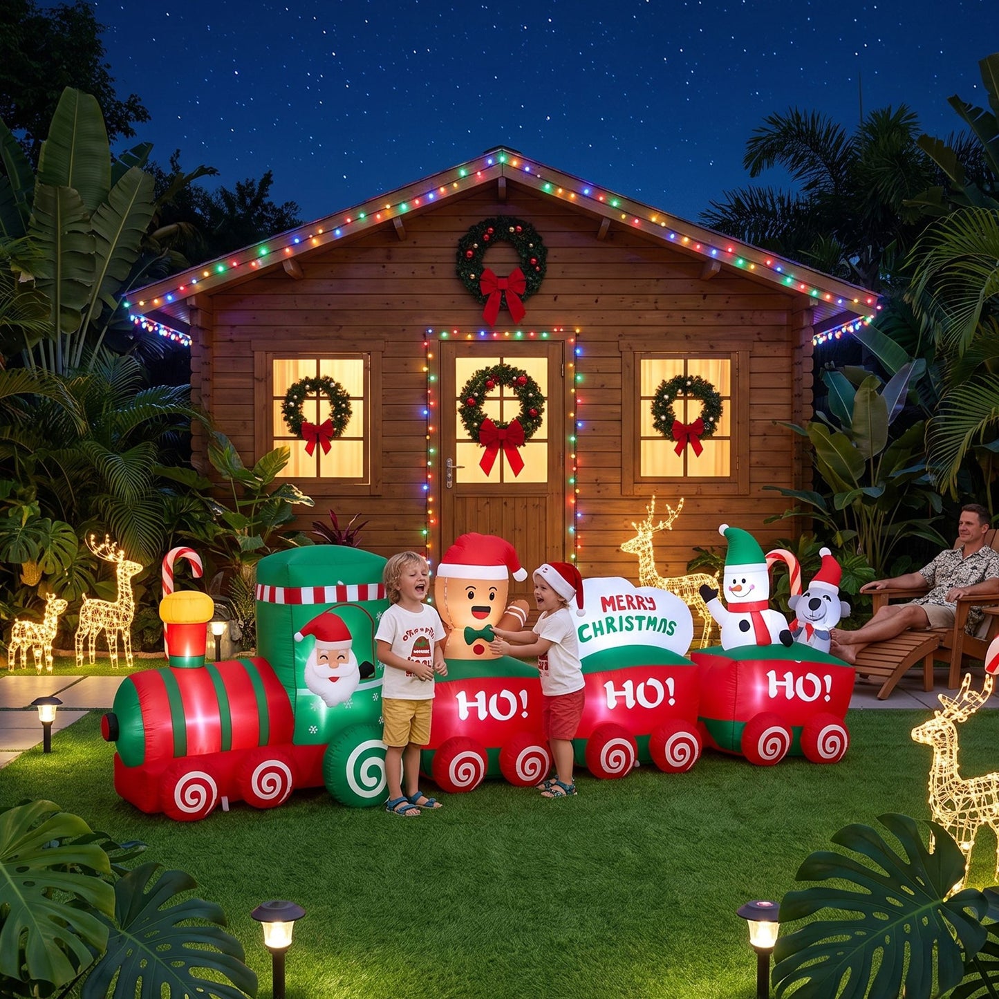 Santa Train Christmas Inflatable Length LED Decorations Illuminated - 3.6M