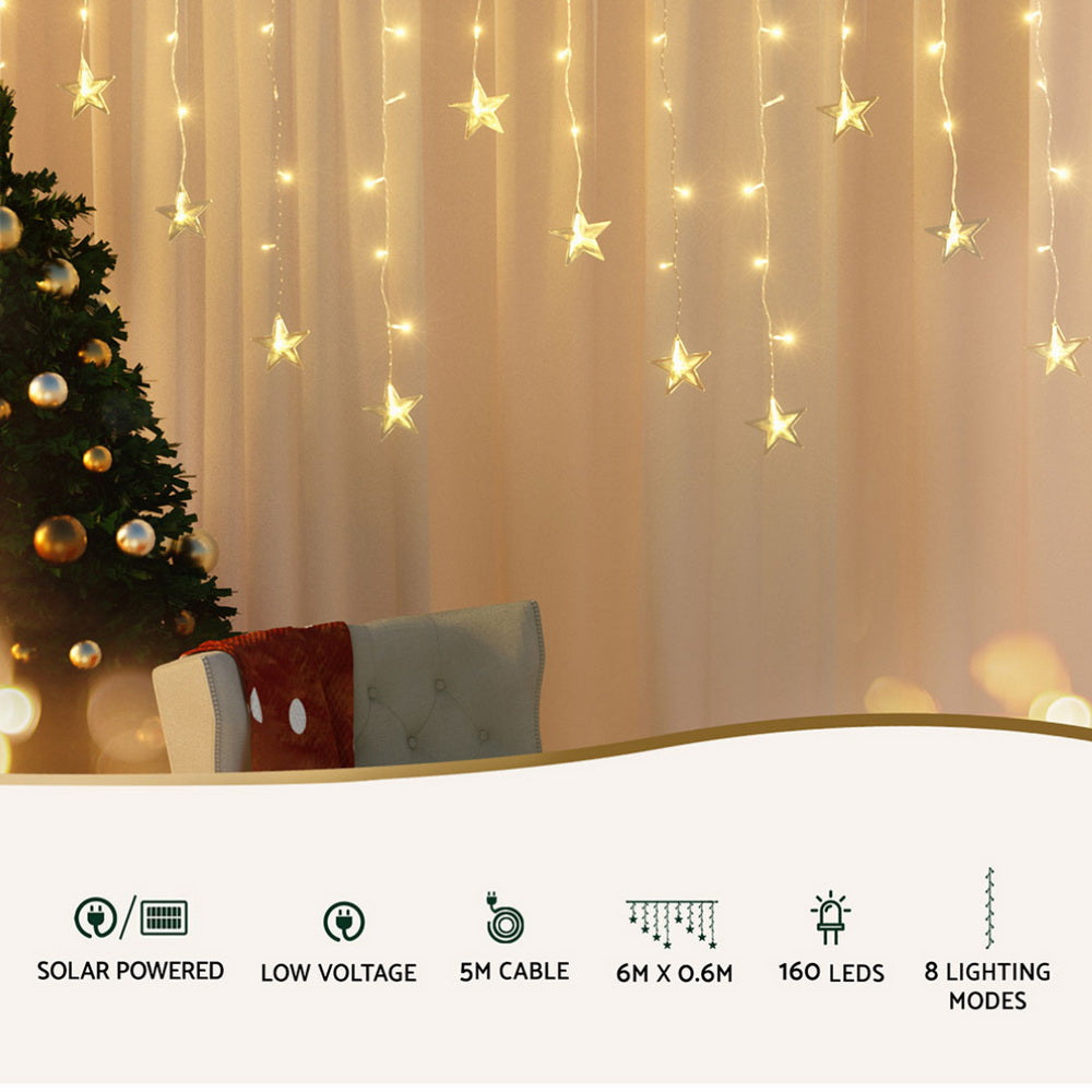 6M Christmas Icicle Lights String Light 160 LED Solar Powered - Warm White