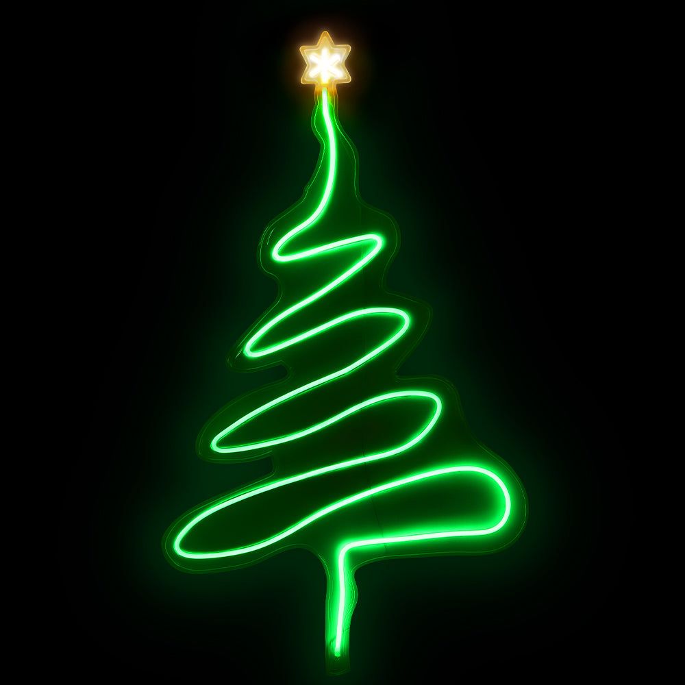 Neon green Christmas tree with a star on a black background