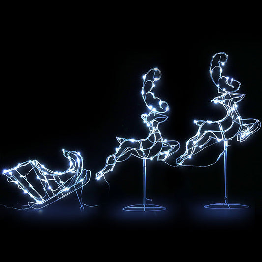 Decorative LED lights shaped like a sleigh and two reindeer on a black background