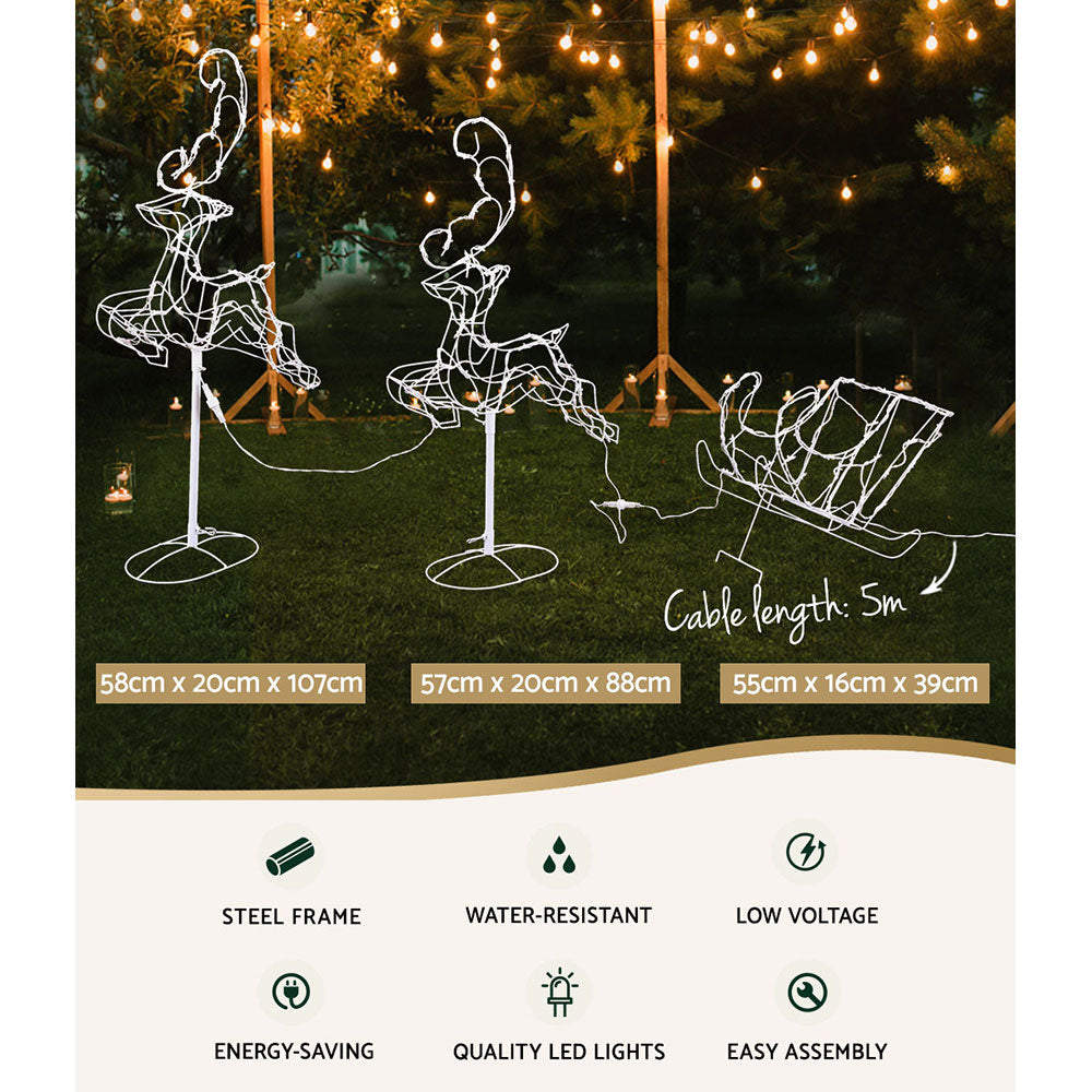 Outdoor decorative lights with steel frame, water-resistant properties, and low voltage design on a grassy background.