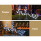 Decorative LED reindeer and sleigh lights shown outdoors and indoors.