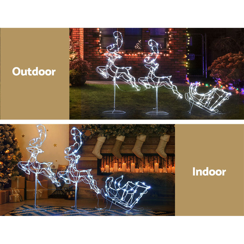 Decorative LED reindeer and sleigh lights shown outdoors and indoors.