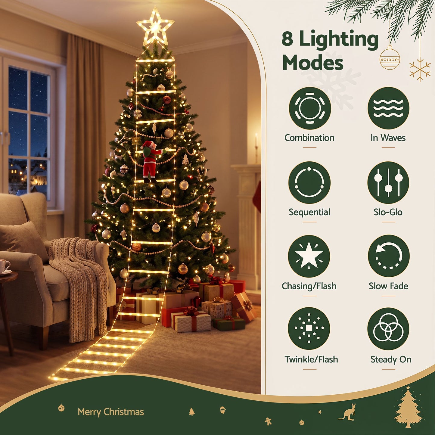 Christmas Ladder Lights Santa 3.4m 328LED Hanging Decor Warm White