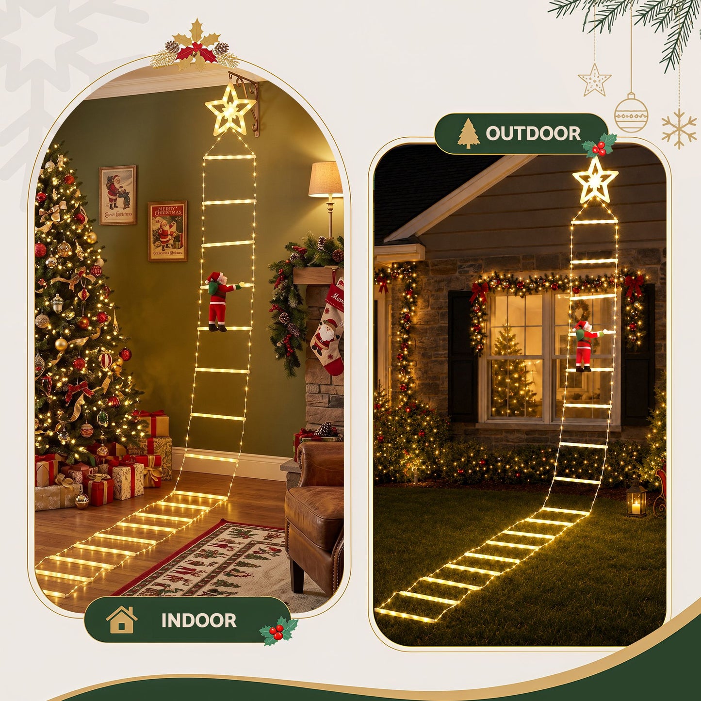 Christmas Ladder Lights Santa 3.4m 328LED Hanging Decor Warm White