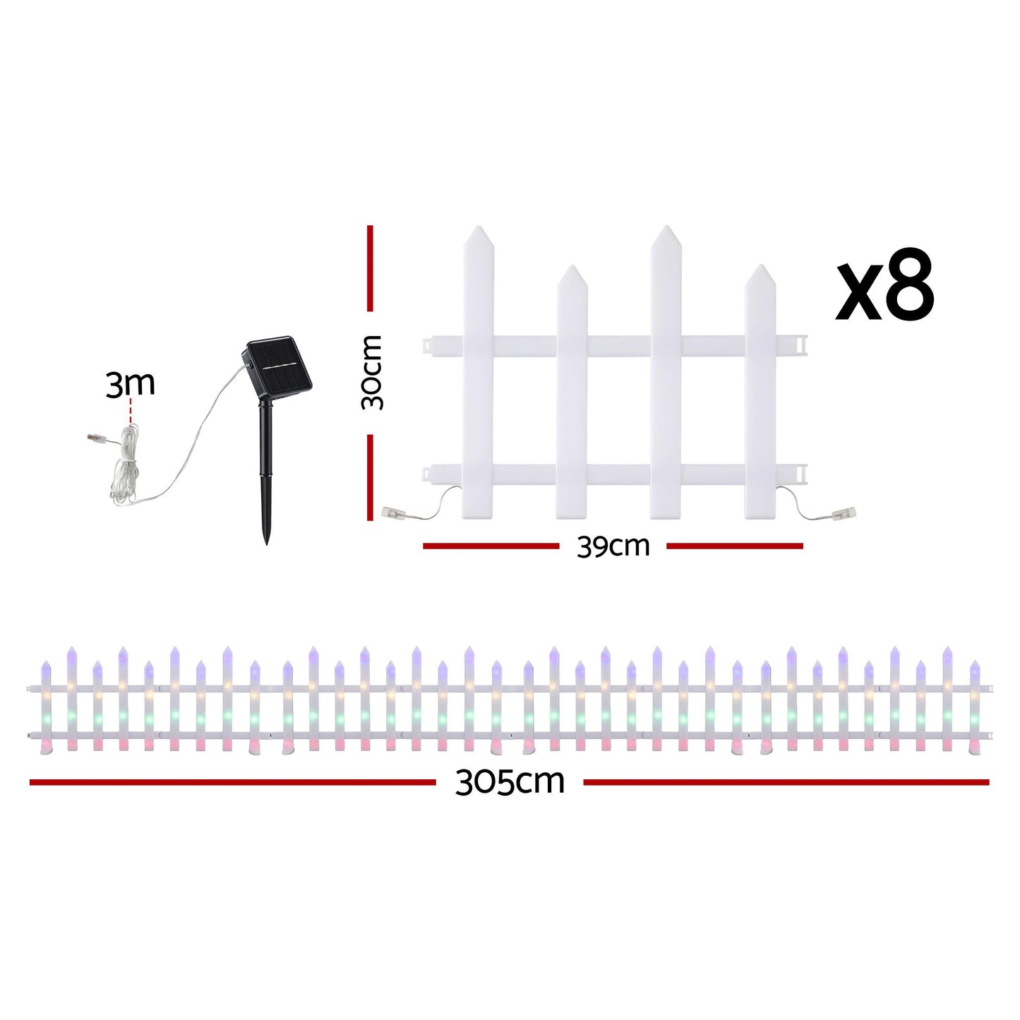 3m Solar Christmas Fence Lights Outdoor Garden Path Decor Multicolour 8pc