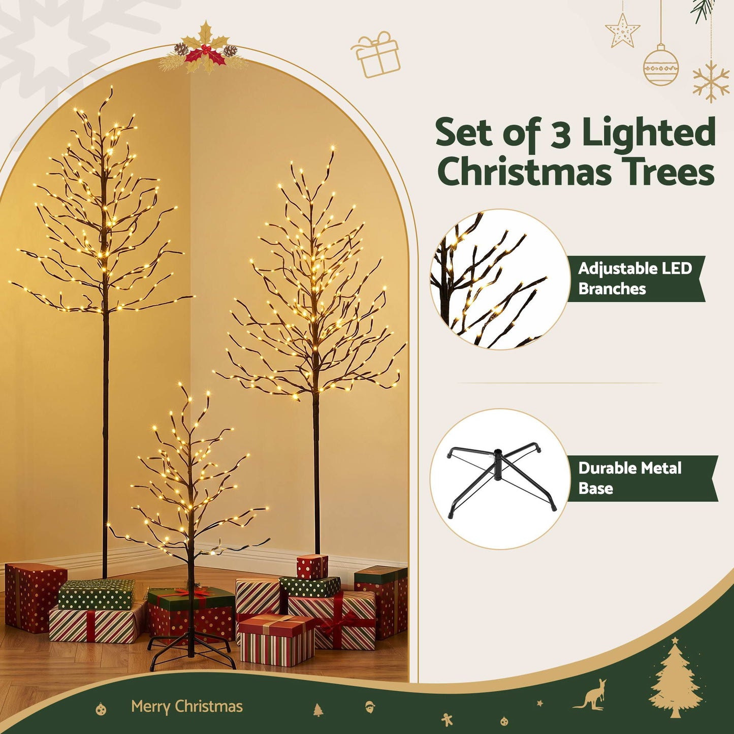 Set of 3 LED Christmas Tree Lighted Birch Tree Indoor Outdoor Xmas Decor Warm White