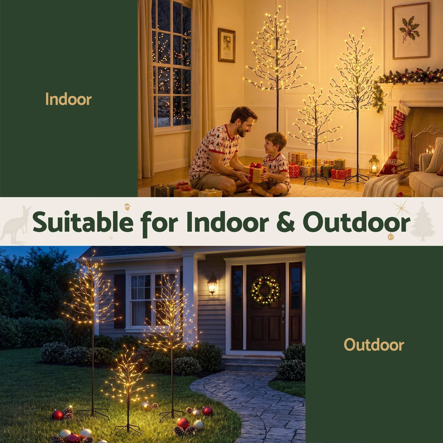 Set of 3 LED Christmas Tree Lighted Birch Tree Indoor Outdoor Xmas Decor Warm White