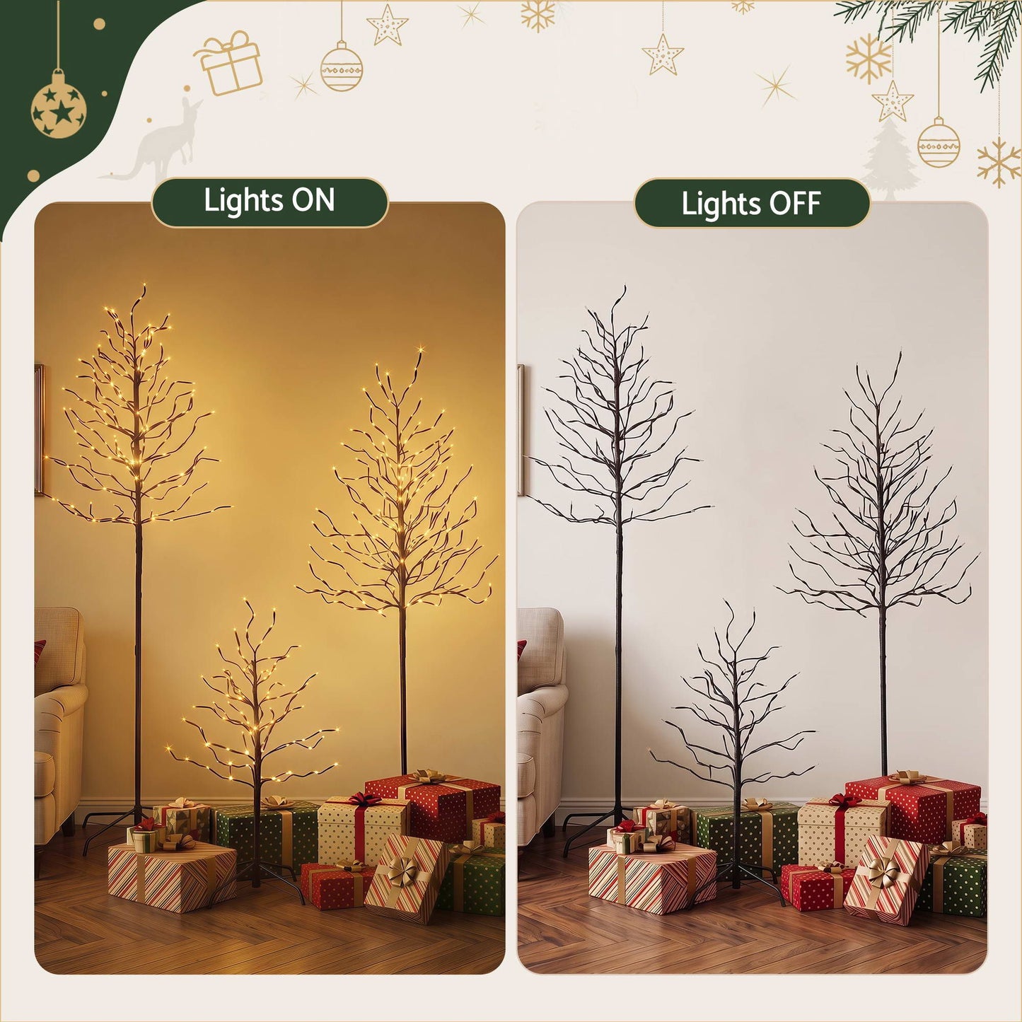 Set of 3 LED Christmas Tree Lighted Birch Tree Indoor Outdoor Xmas Decor Warm White